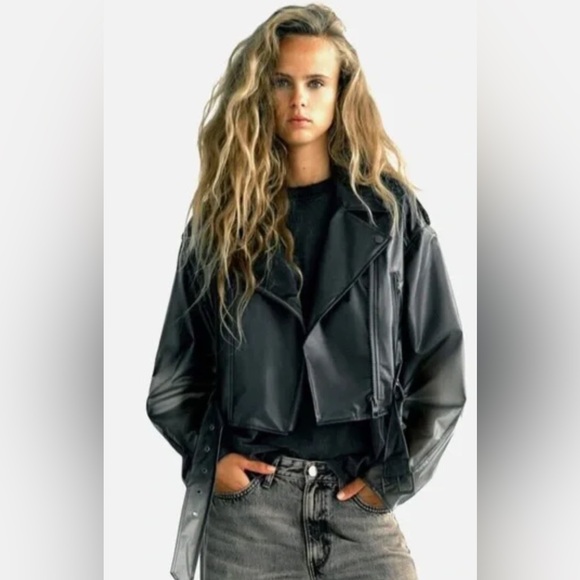 ZARA TRANSPARENT CROPPED RAIN COAT BIKER - Picture 2 of 9
